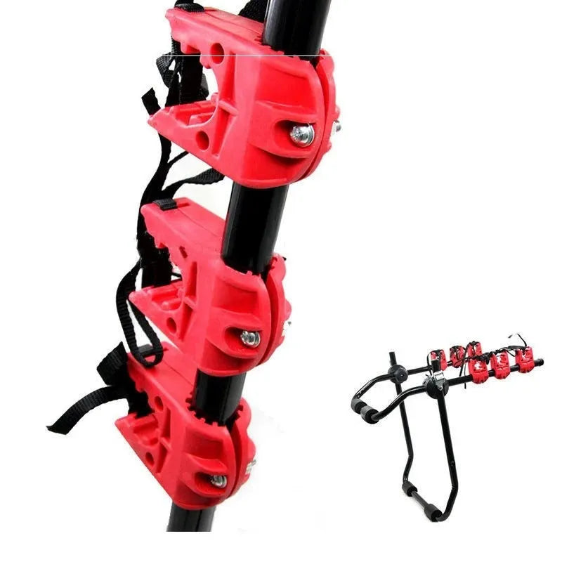 Black and red trunk-mounted car bike holder rack with 73x50cm dimensions showing tie rope fastening system