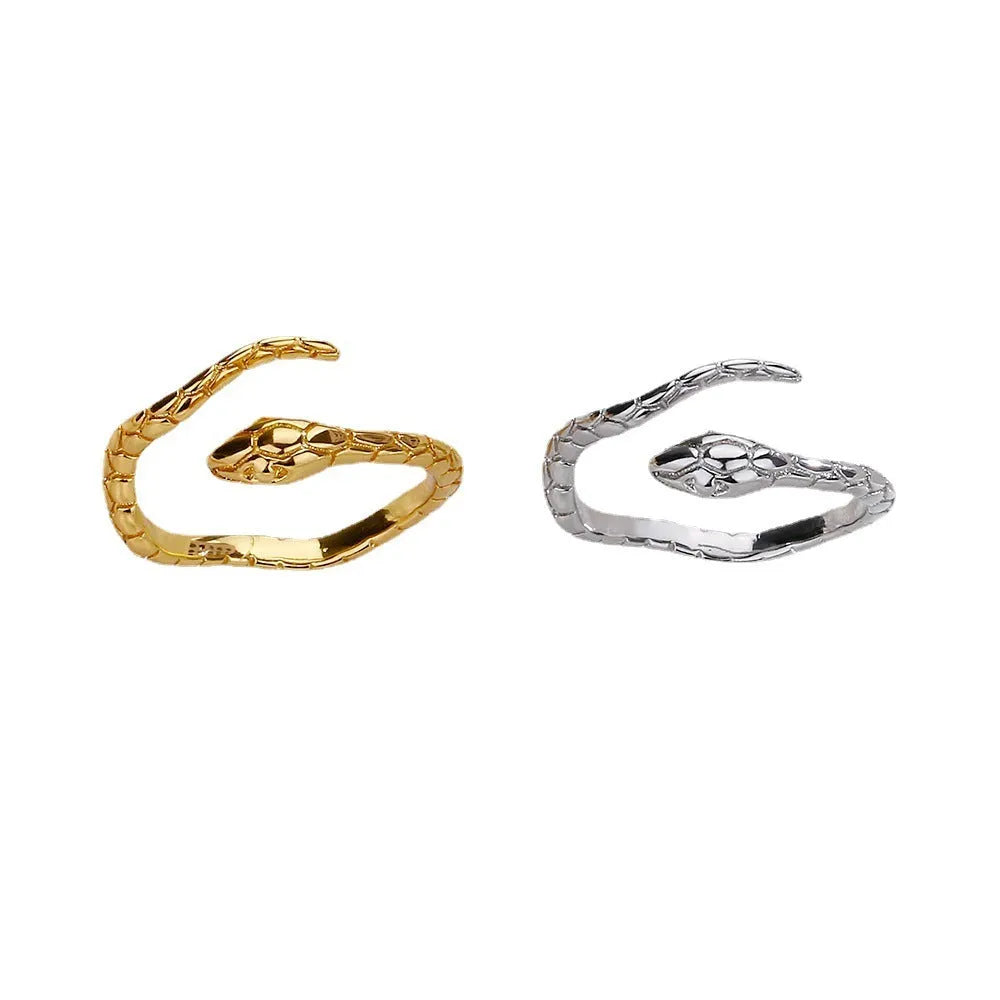 Open snake ring with textured copper band, electroplated in platinum or gold colour