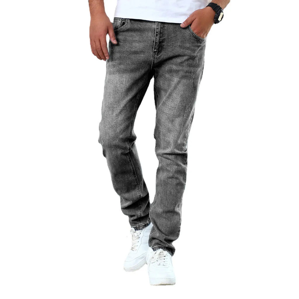 Men's skinny jeans in silver grey, blue, or black with zip fly and tight denim fit