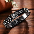 Titanium steel heart-shaped bracelet with black lettering on a curved band.