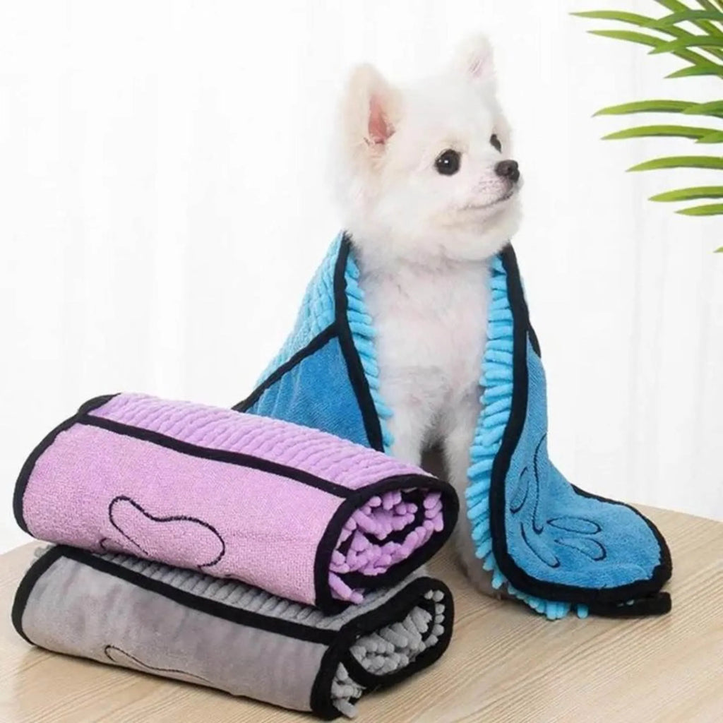 Blue dog bath robe towel measuring 62cm by 23cm for quick drying