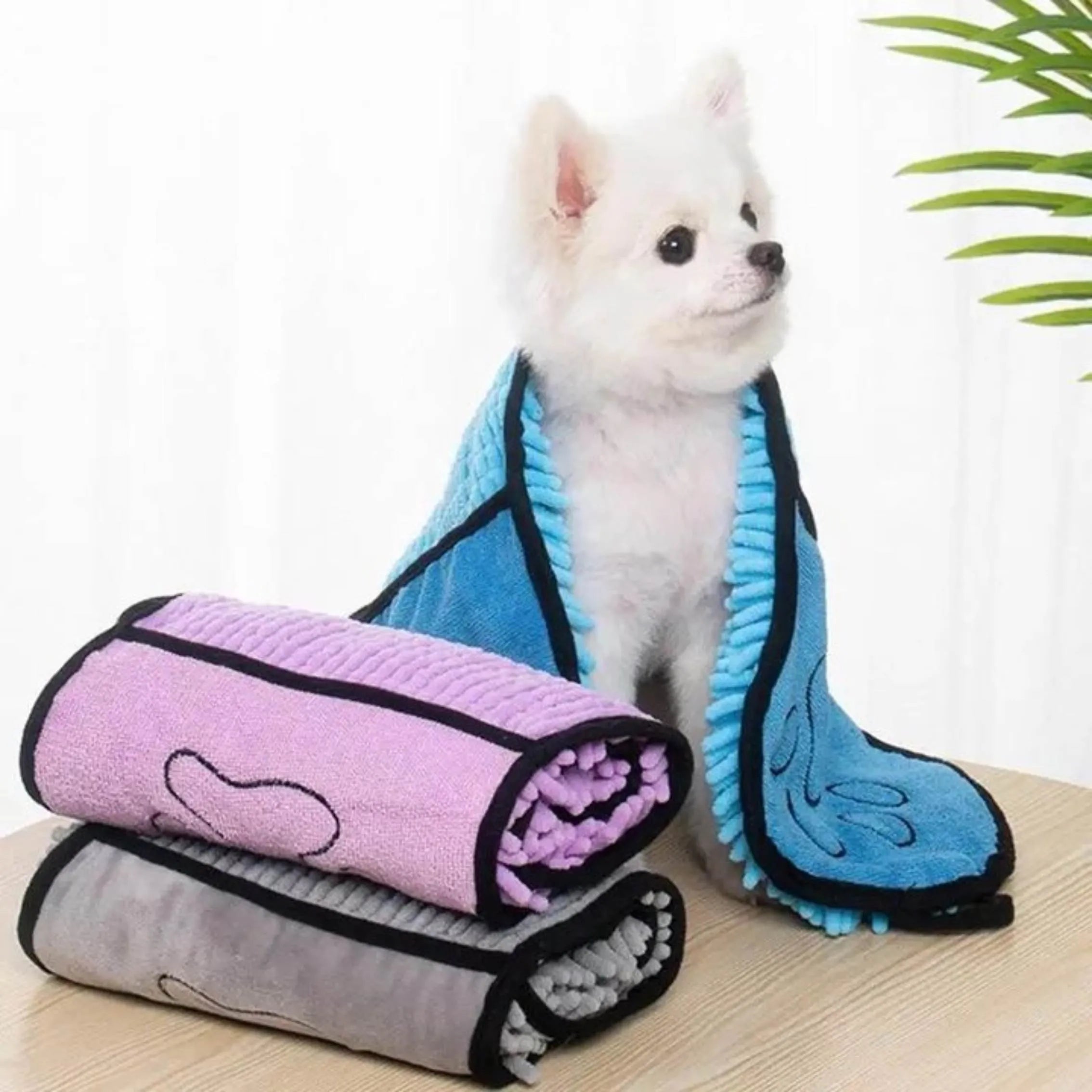 Blue dog bath robe towel measuring 62cm by 23cm for quick drying