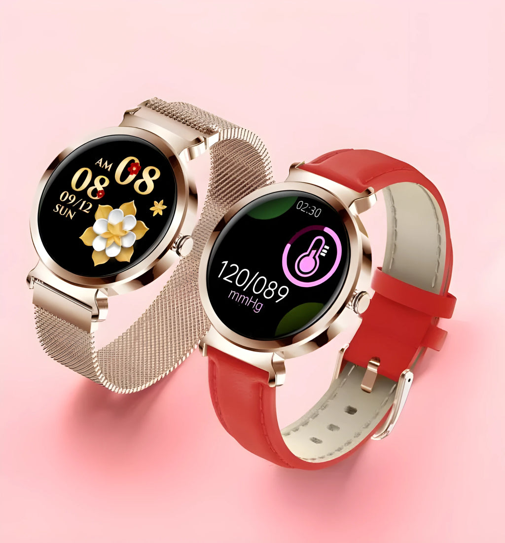 Zinc Alloy smart bracelet with 1.28-inch screen in gold, green, pink, red, silver, and silver steel colours