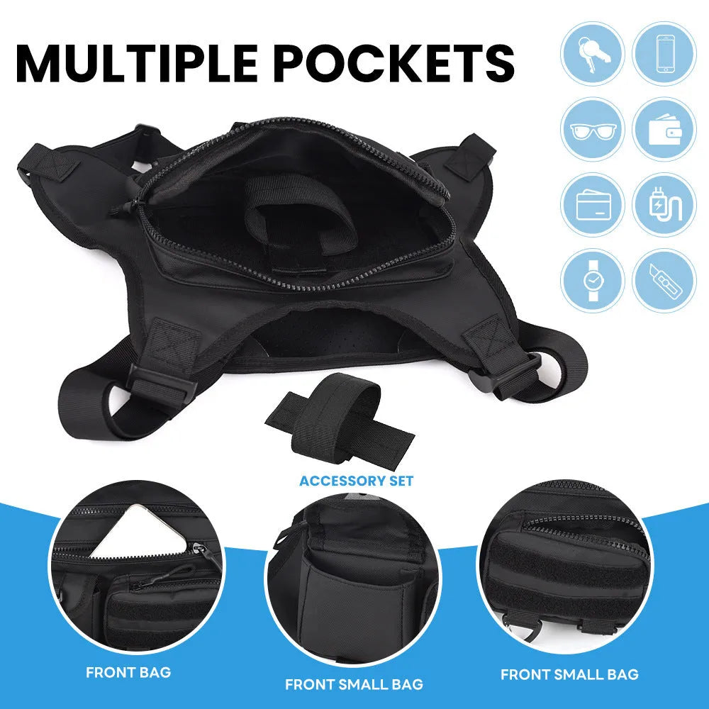 Oxford cloth outdoor sports chest bag with visible sewing lines, shown in black colour option worn across chest