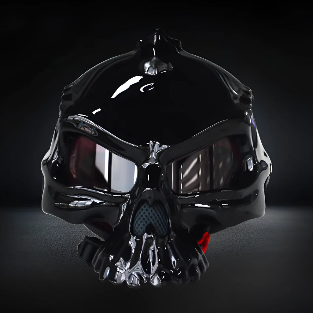 Double-sided motorcycle helmet with skull artwork, shown in red, with a reversible design.