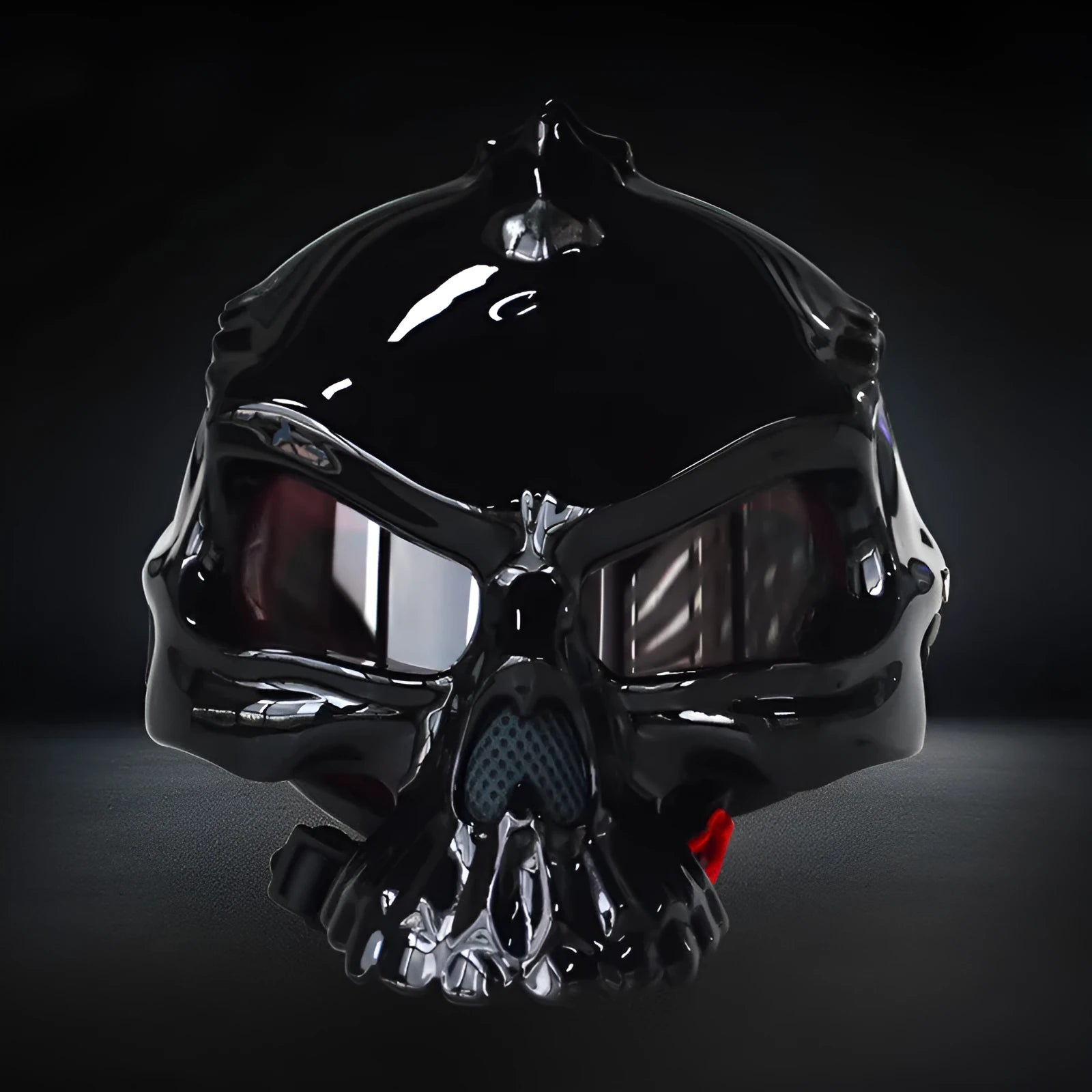 Double-sided motorcycle helmet with skull artwork, shown in red, with a reversible design.