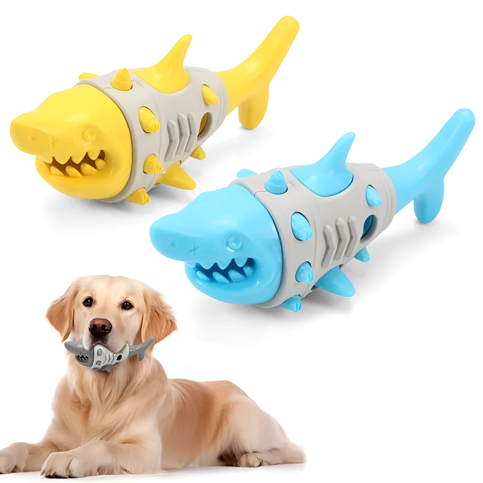 Blue shark-tooth textured dog chew toy with leaky holes for interactive play