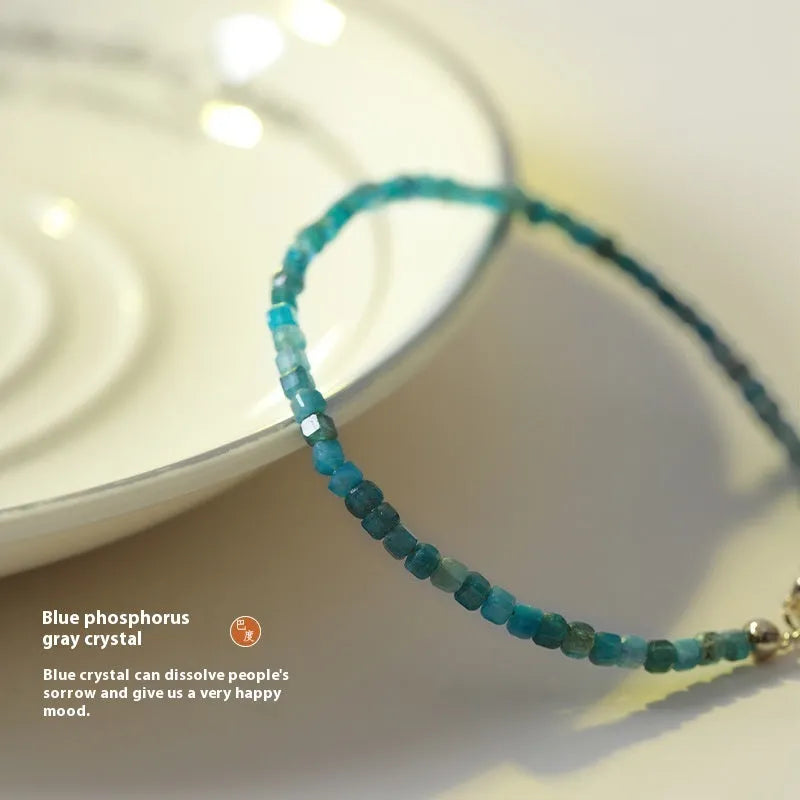 Blue and grey natural apatite crystal bracelet with diamond-shaped beads for women's wrists 14-18cm