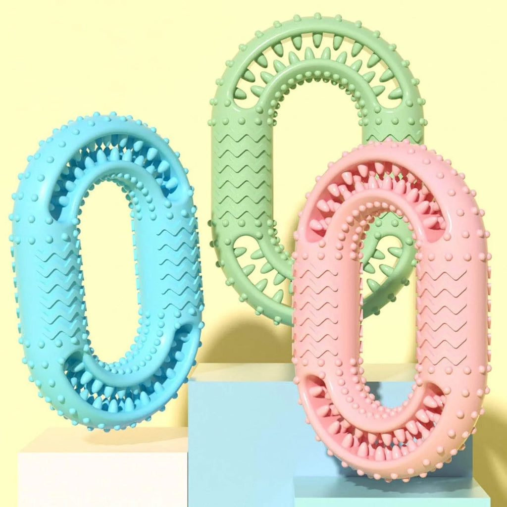 Blue O-ring shape pet toy for dog chewing teeth, measuring 12.5cm by 8.6cm, on a white background