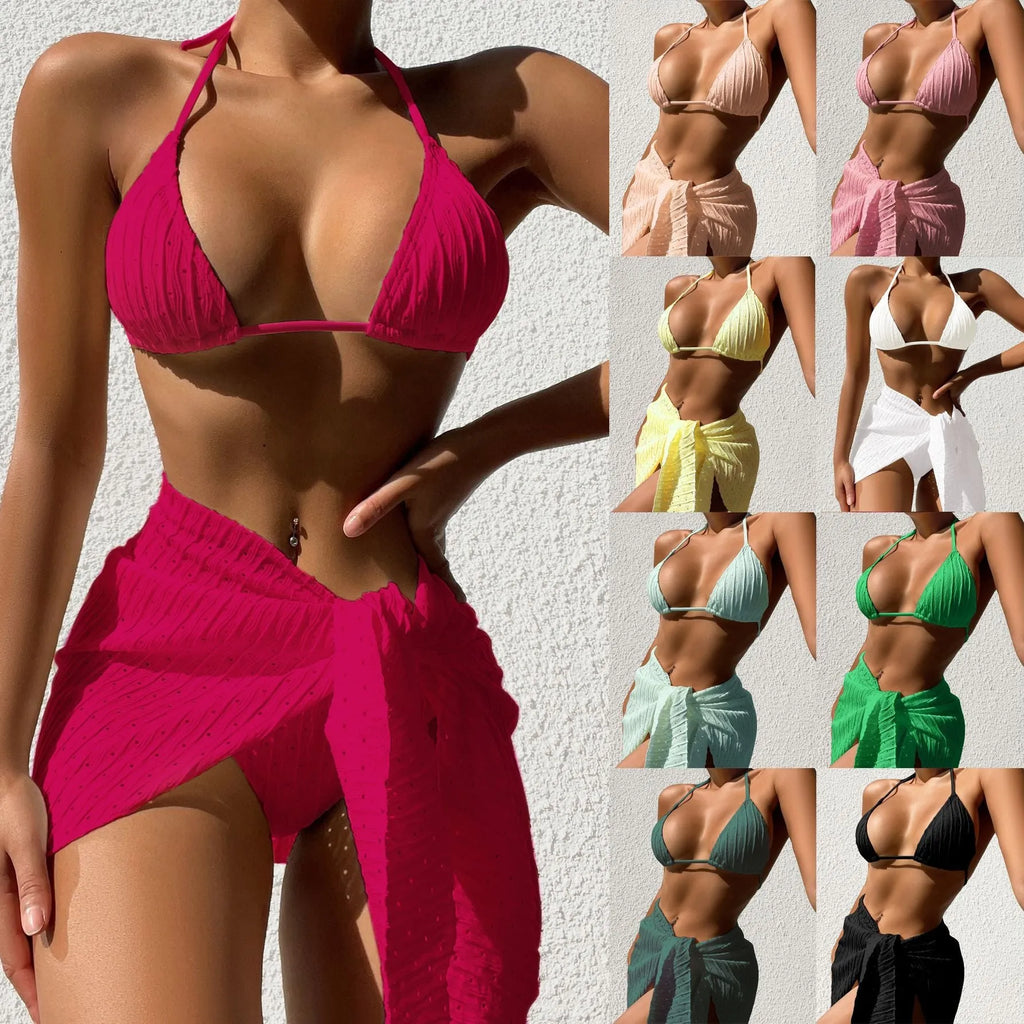 Women's halterneck swimsuit set with adjustable ties and removable mesh skirt in solid colour