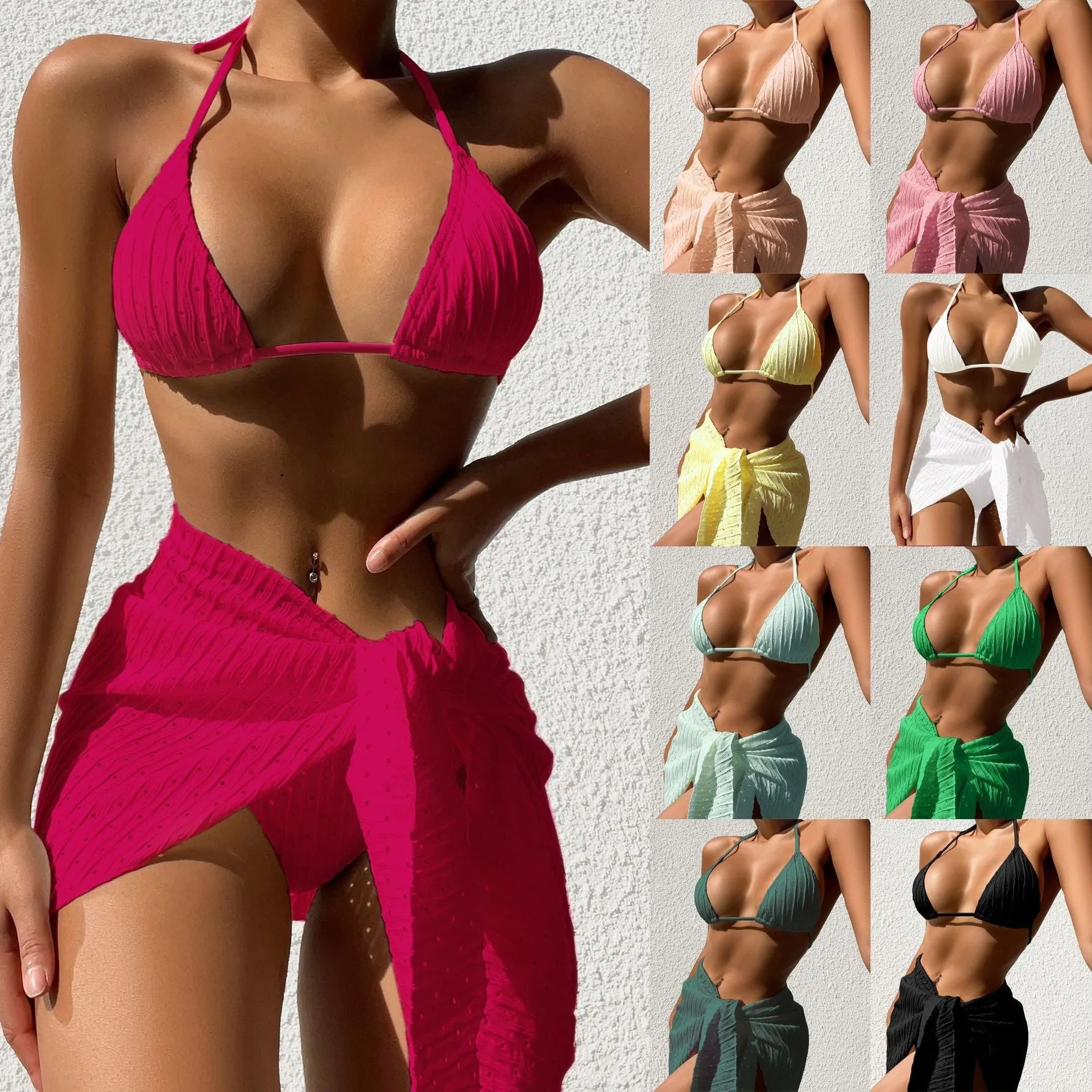 Women's halterneck swimsuit set with adjustable ties and removable mesh skirt in solid colour
