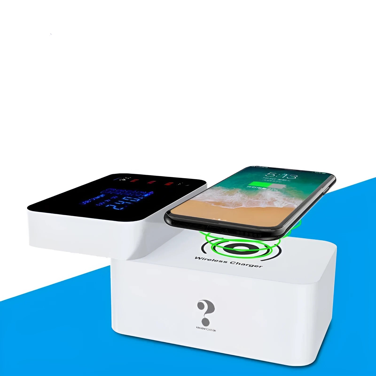 White multi-port USB charger with wireless charging pad and EU UK US plug adaptors