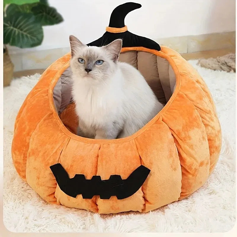 Halloween-themed cat bed with cartoon devil pumpkin design in soft plush material for small pets