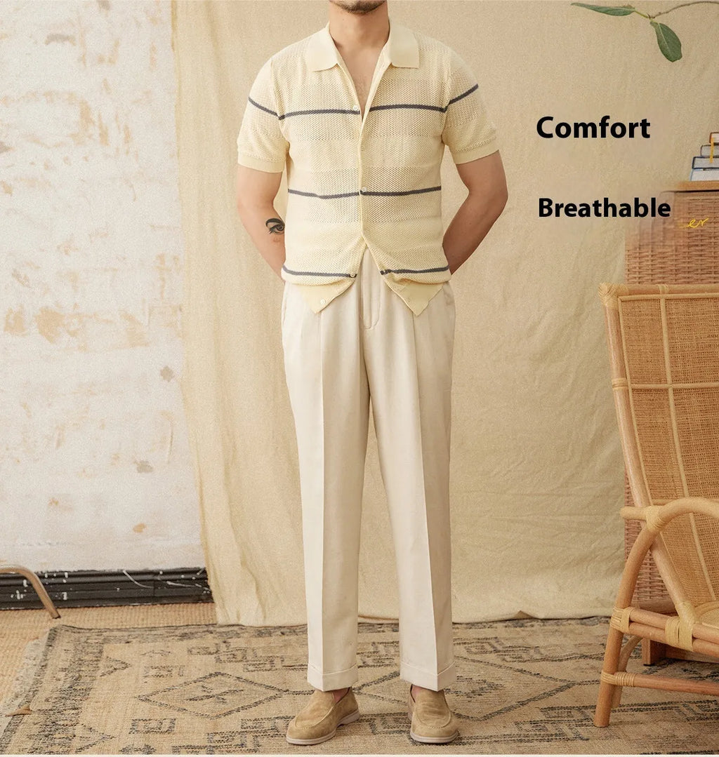 Linen cotton blended cardigan with lapel collar in camel colour, short sleeve design