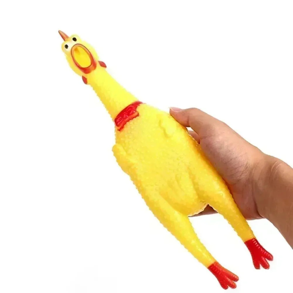 Yellow rubber squeaking chicken dog toy shown in small, medium, and large sizes.