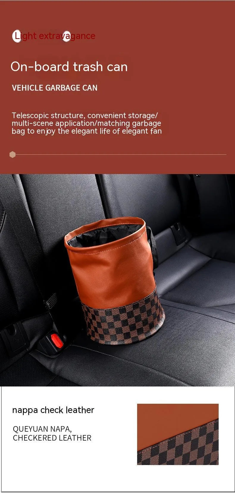 Leather retractable car trash can showing folded and expanded states with handle