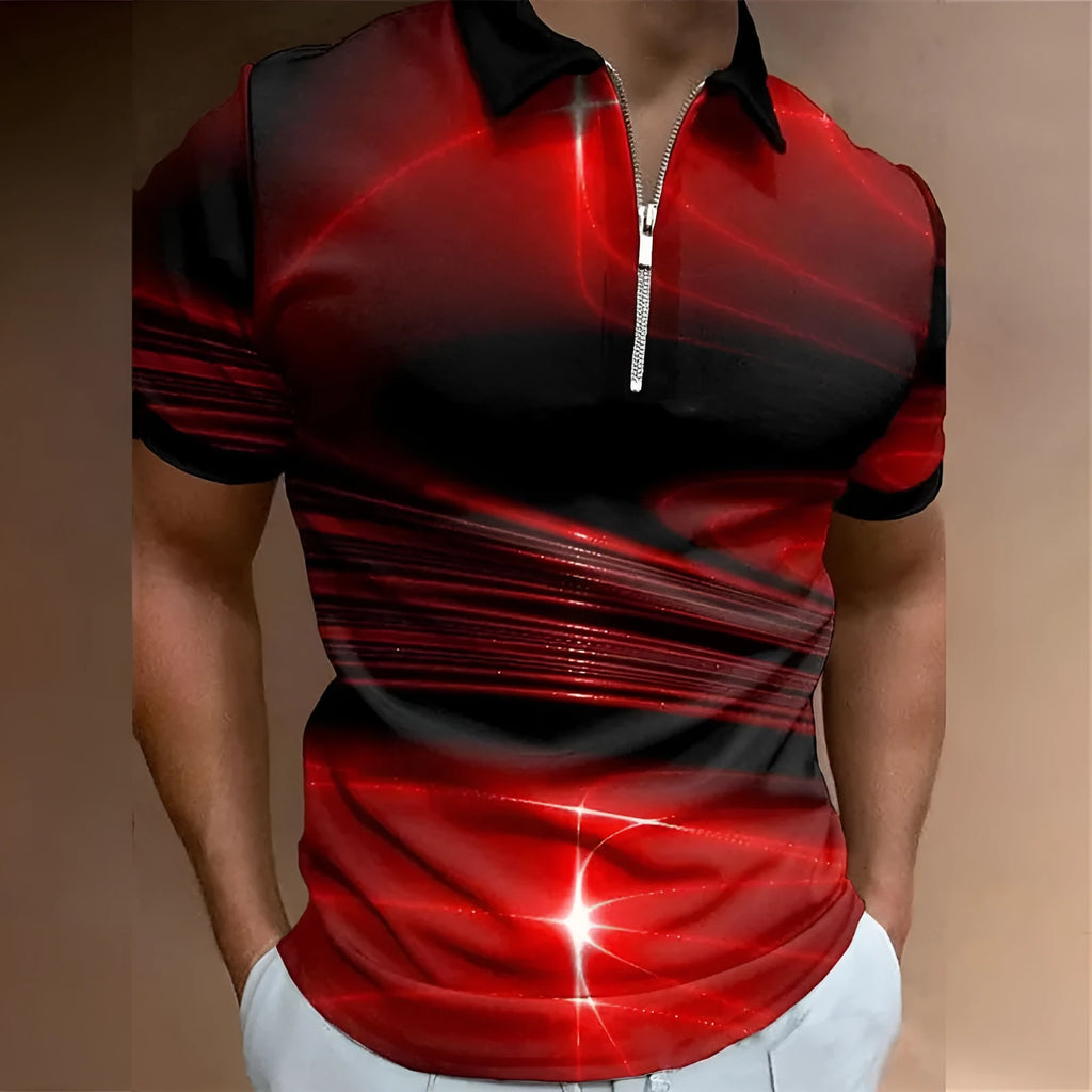 Men's blue loose fit zipper polo shirt with lapel collar and short sleeves