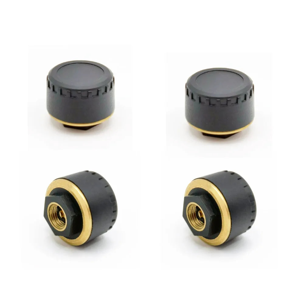Bluetooth tyre pressure monitor with four sensors showing smartphone app display of real-time pressure readings