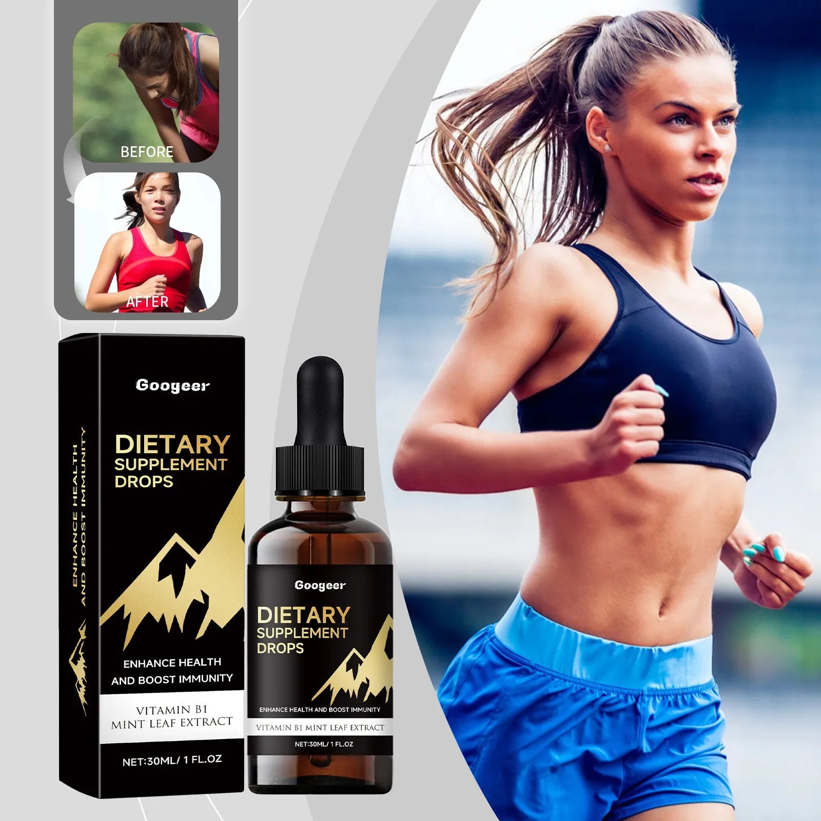 Bottle of dietary supplement liquid drops with a separate measured dropper for dosage.