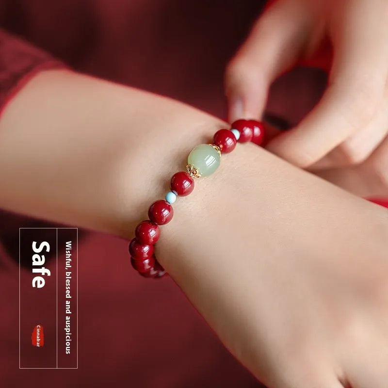 Cinnabar bracelet with geometric ellipse beads in purple gold sand colour, showing 6mm, 8mm, or 10mm size options.