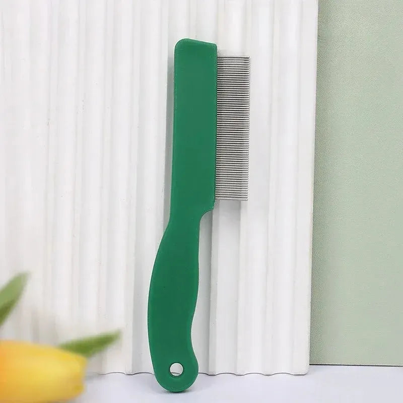 Green pet flea comb with stainless steel pins and plastic handle for grooming dogs and cats