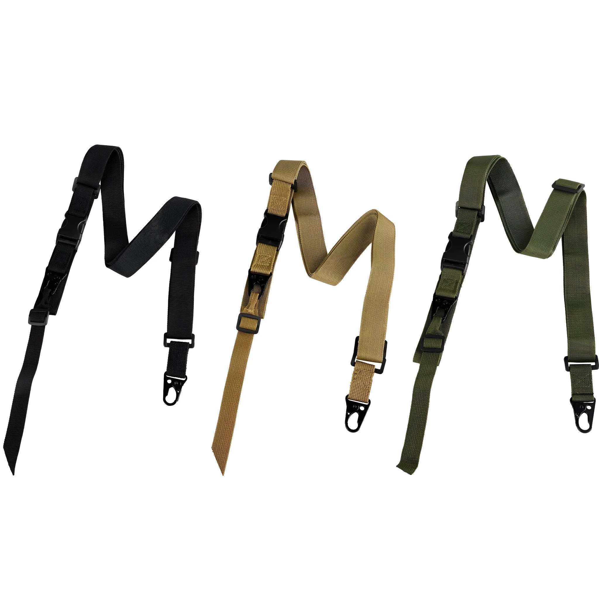 Adjustable crossbody nylon sling strap with alloy buckle in black, army green, or khaki colour.