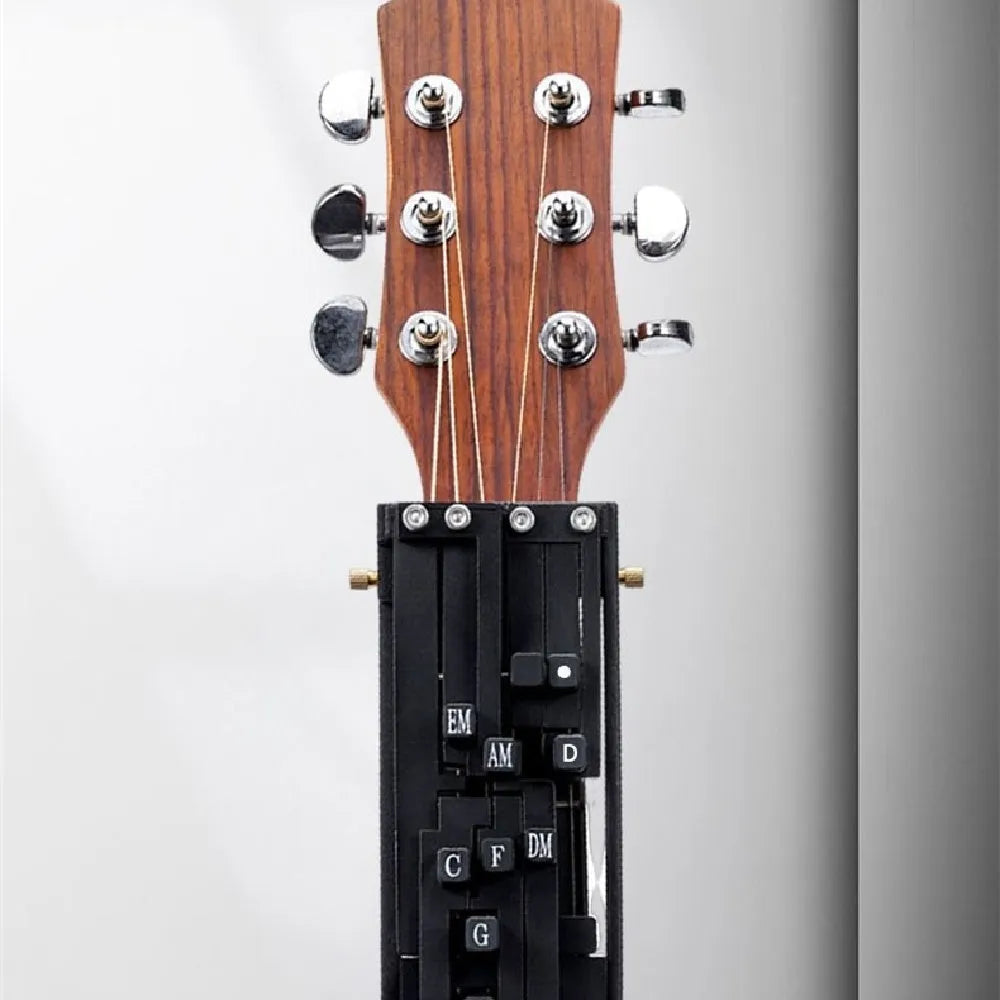 Black auxiliary chord practice device for folk guitar with double chord mechanism and automatic gear system