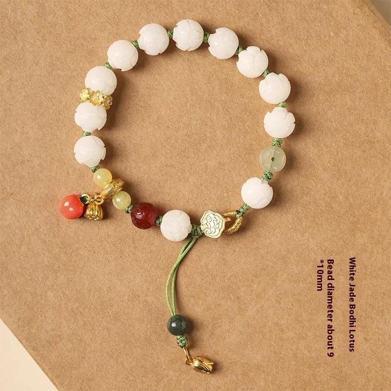 Hand-woven white jade Bodhi bracelet with lucky persimmon charm and three bead sizes on open rope