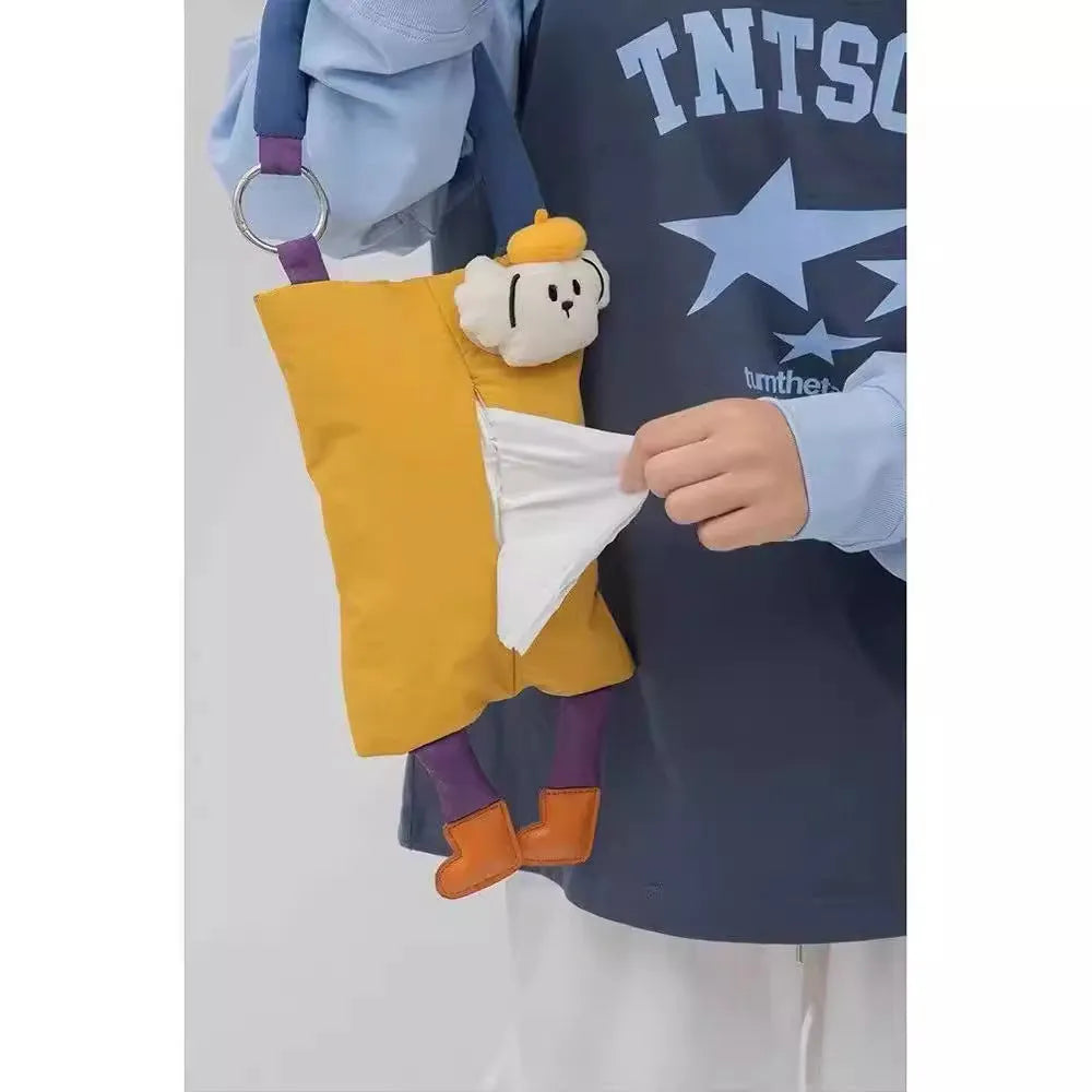 Plush hanging tissue buggy bag measuring 25 x 19 cm in hat dog or baby crocodile design