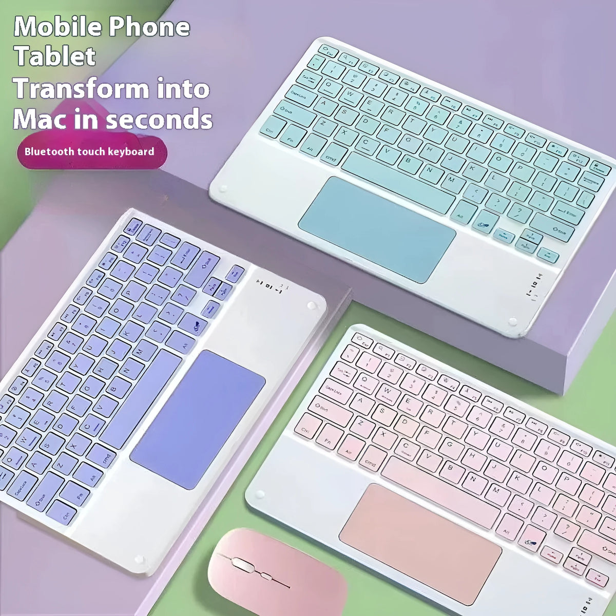 10 inch Bluetooth keyboard with touchpad, Type-C rechargeable, shown in black with colour options.