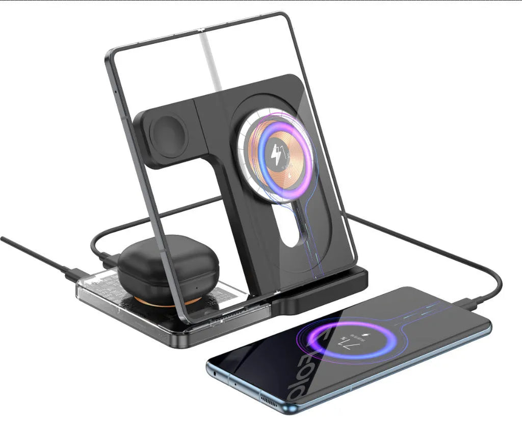 Black foldable wireless charging stand showing phone on magnetic arm, Apple Watch on charger, and earbuds on base.