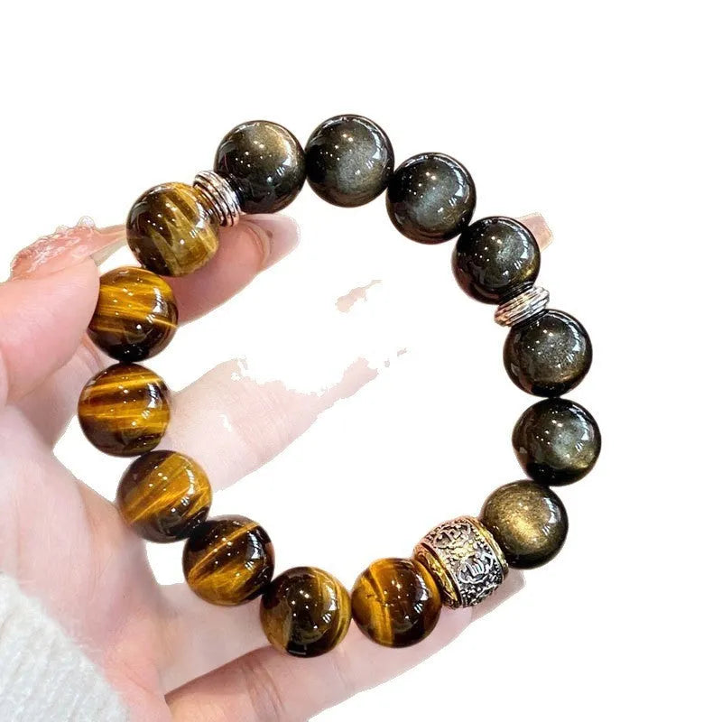 Women's Tigereye Silver Stone double bracelet with gold inlay decoration showing U-shaped design
