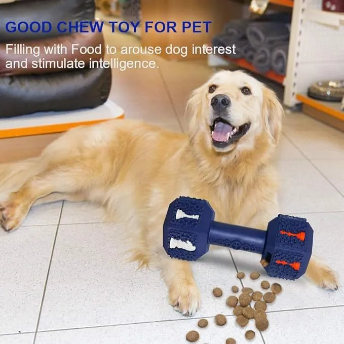 Dumbbell-shaped dog chew toy in black or blue with 3D particles on surface, hollow ends for treats