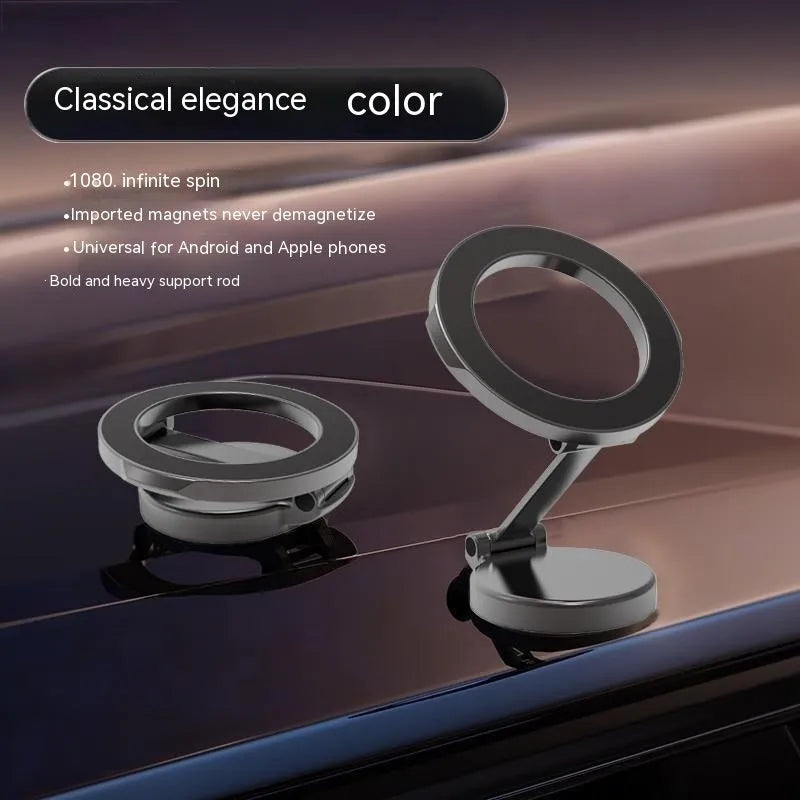 All-metal foldable magnetic car phone mount in Qian colour showing compact folded position and dashboard mounting