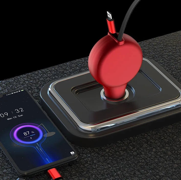 Black retractable car charger with extended cables showing dual ports for fast charging devices in vehicle