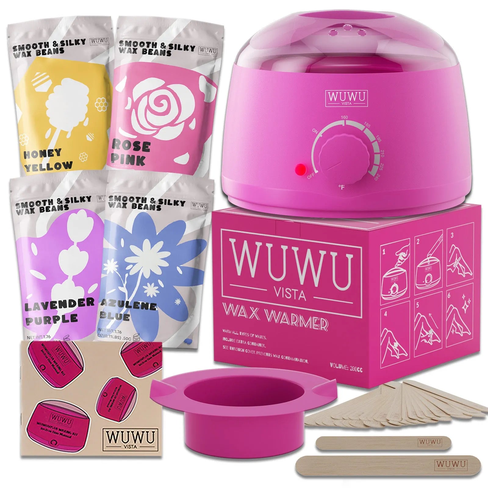 27-piece hypoallergenic wax kit showing wax machine, four colour wax beads, face and body sticks, multilingual guidebook
