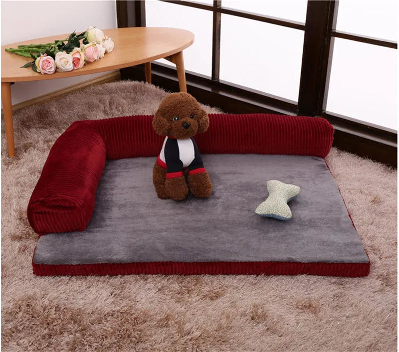 Corduroy pet sofa bed in grey with high-density sponge padding and non-slip base, size L for pets under 60 kg