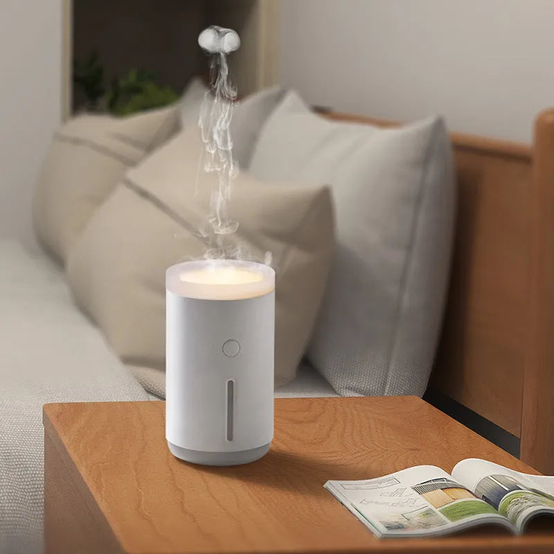 Porcelain white spitting circle humidifier with 360ml tank, USB power, and atmosphere lamp, 142*86*86mm