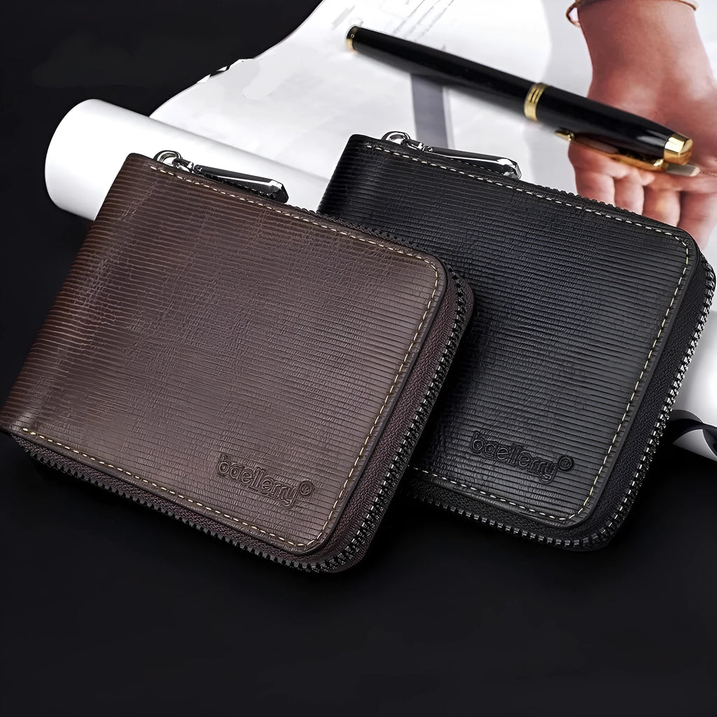Black polyurethane zipper wallet with embossed detailing showing credit card slots and secure closure