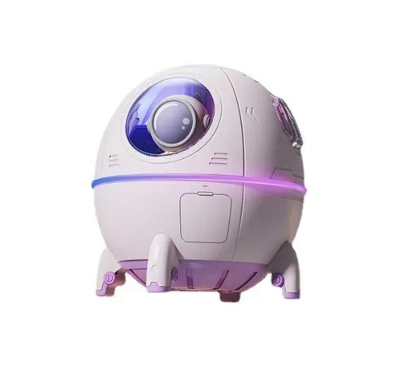 Light purple portable USB desktop humidifier with colourful LED light, 110mm size, on a desk