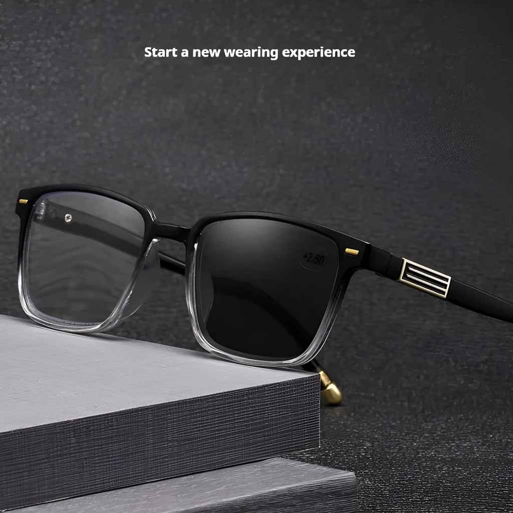 Anti blue light colour changing multifocal reading glasses with polycarbonate lenses in various frame designs