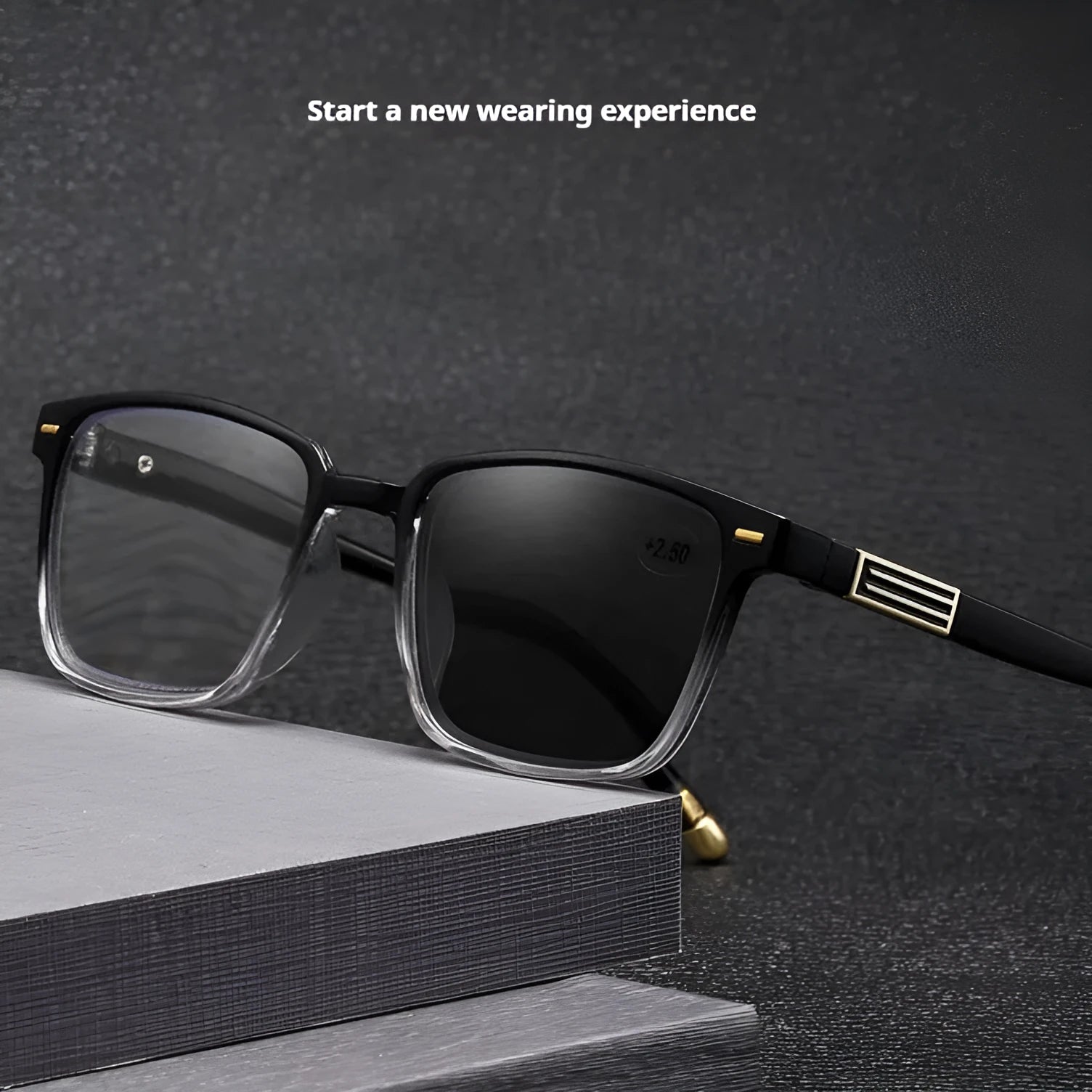 Anti blue light colour changing multifocal reading glasses with polycarbonate lenses in various frame designs