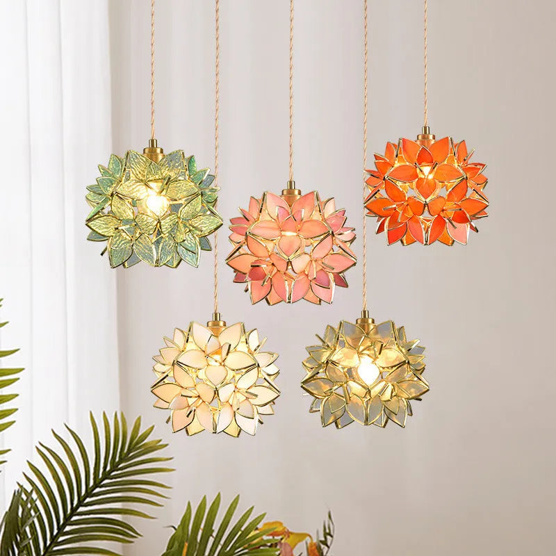 Stained glass hanging chandelier with copper lamp heads showing coloured glass shade options