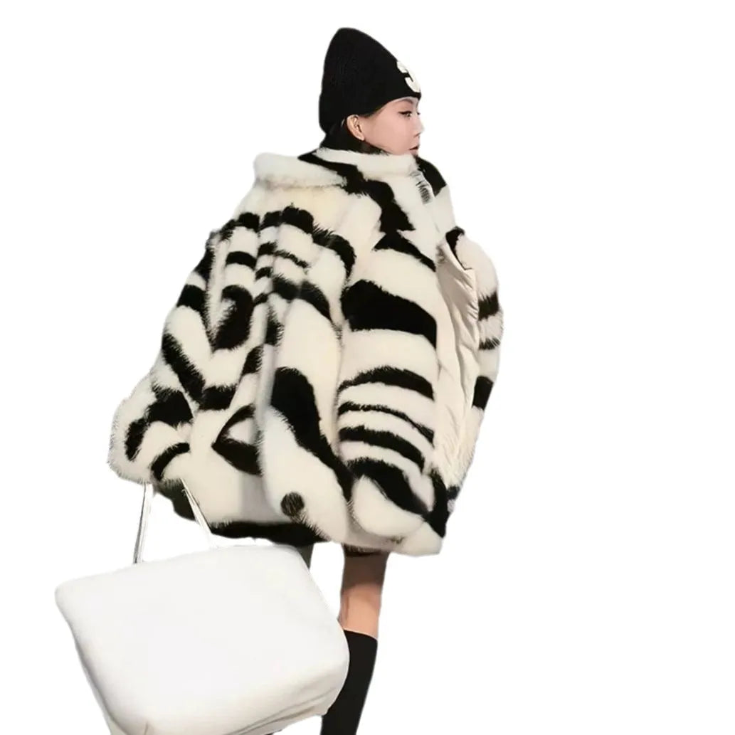 Zebra stripe women's long sleeve top with skimmer collar in polyester fur fabric