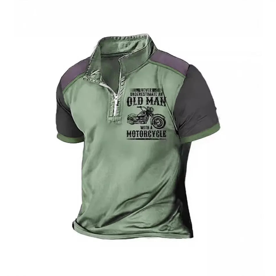 Men's casual polo shirt with zipper lapel and digital letter print in colour PL02-GG7366, size M, short sleeves
