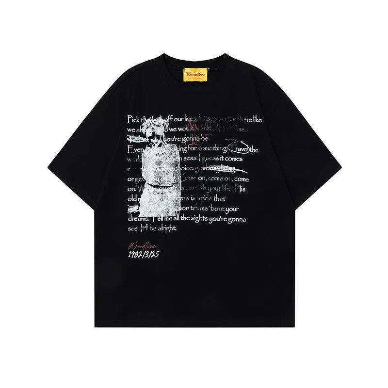 Men's black loose fit cotton t-shirt with white letter print and raglan sleeves on hanger