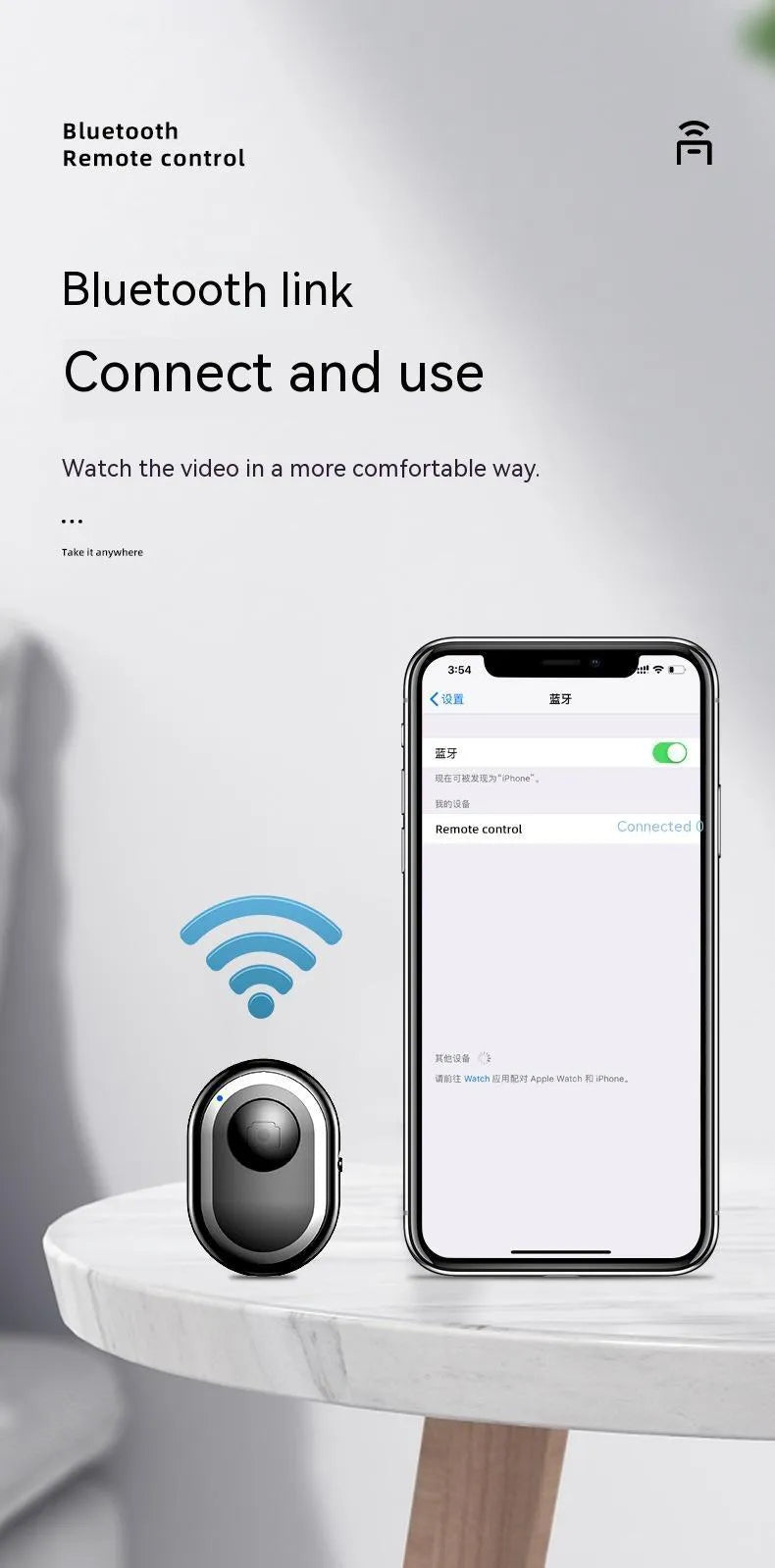 Bluetooth remote control for smartphones with self-timer, showing black, pink and purple colour options