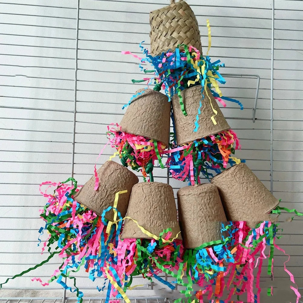 Parrot paper cup palm weaving gnawing toy with wood colour hanging at 38cm height