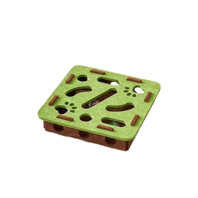 Green brown felt cat toy box measuring 30x30x7.5cm with multiple holes for interactive play