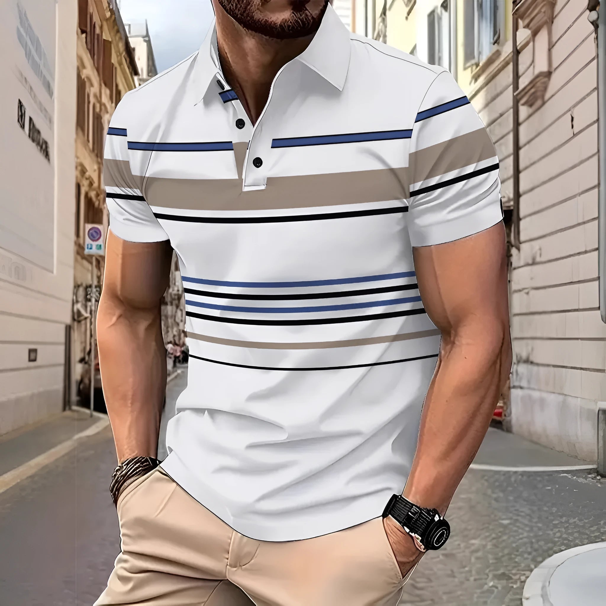 Men's white striped short sleeve t-shirt with loose fit design